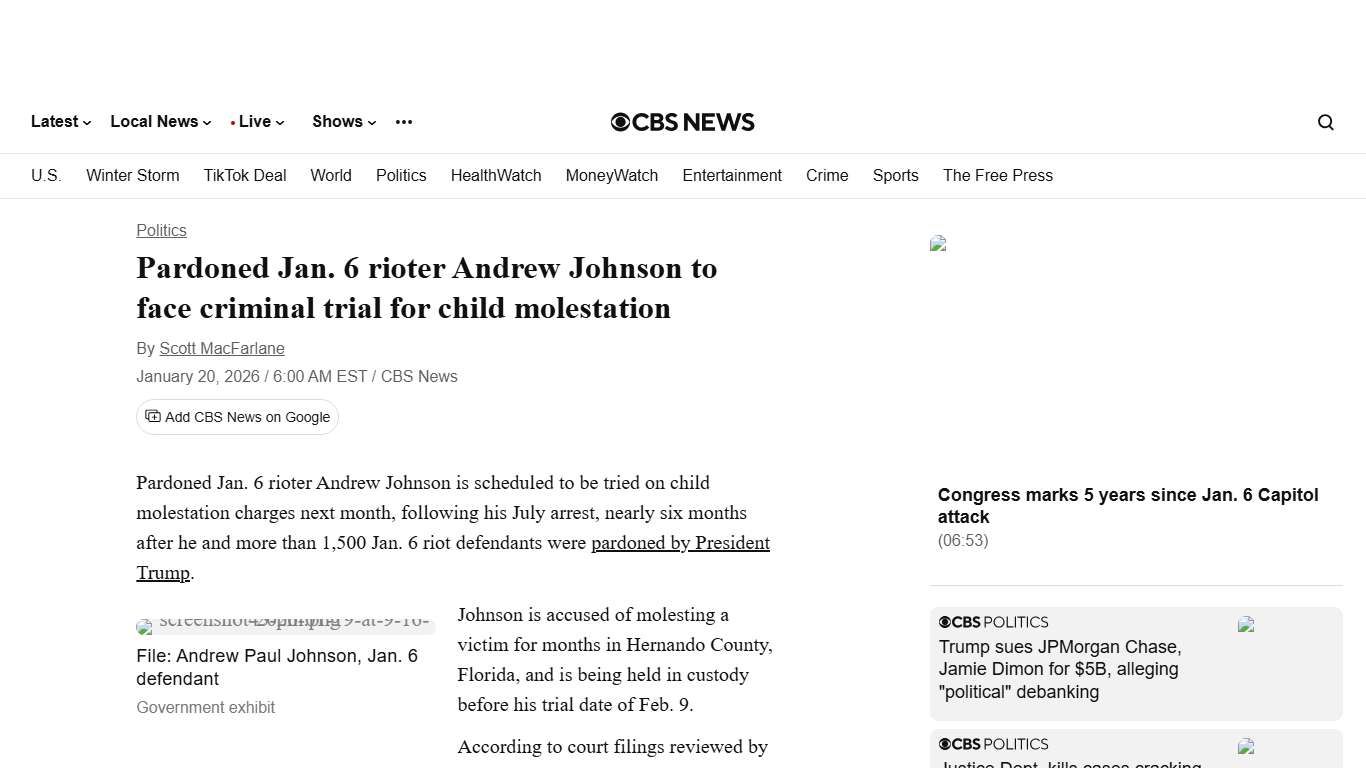 Pardoned Jan. 6 rioter Andrew Johnson to face criminal trial for child molestation - CBS News
